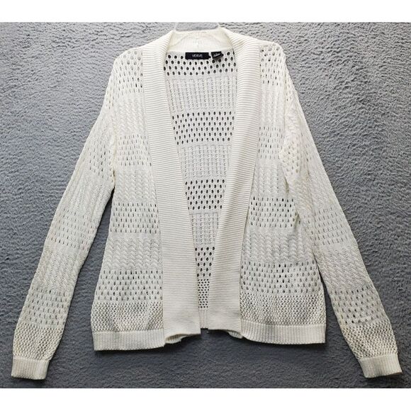 Verve Ami Sweaters - Verve Cardigan Sweater Womens Large Tan Crochet Ribbed Long Sleeve Open Front